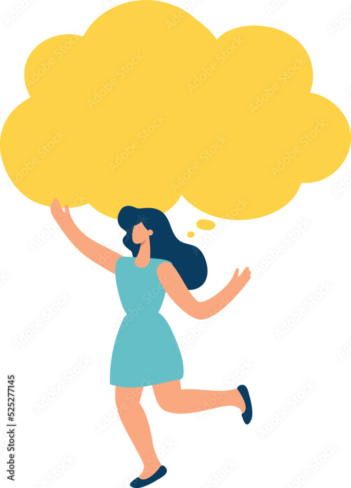 Obraz premium Young flat vector woman holding yellow speech bubble communication. Concept of announcement, advertising, promotion, business, demonstration, empty template illustration