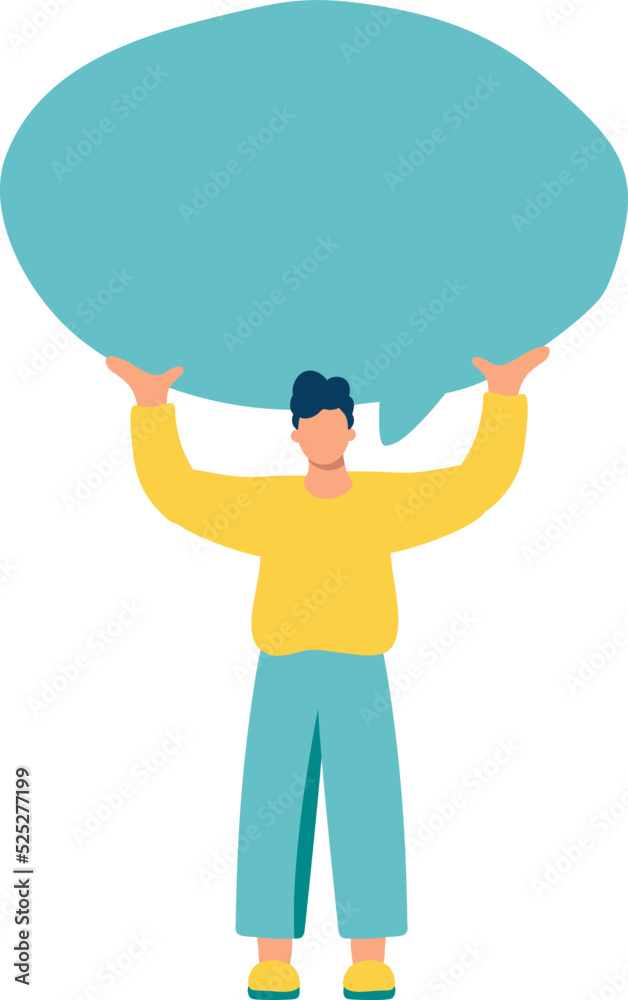 Young vector flat man holding turquoise speech bubble. Concept of announcement, advertising, promotion, business, demonstration, empty template illustration Young vector flat man holding turquoise speech bubble. Concept of announcement, advertising, promotion, business, demonstration, empty template illustration
