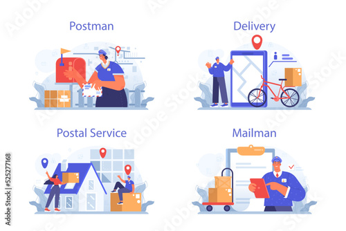 Postman profession set. Post office staff providing mail service, accepting