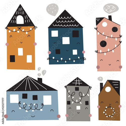 Set with cute smiling houses decorated with glowing lanterns. Vector illustration for decorating postcards, packaging, textiles.
