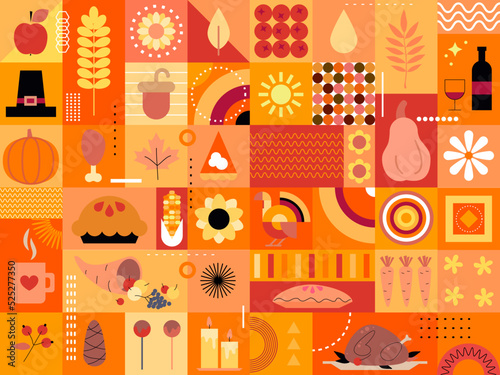 Thanksgiving background. Orange design with autumn symbols. Food and drinks. Autumn party. Fall signs, symbols, icons. Thanksgiving holiday design for banners, posters, bar menu