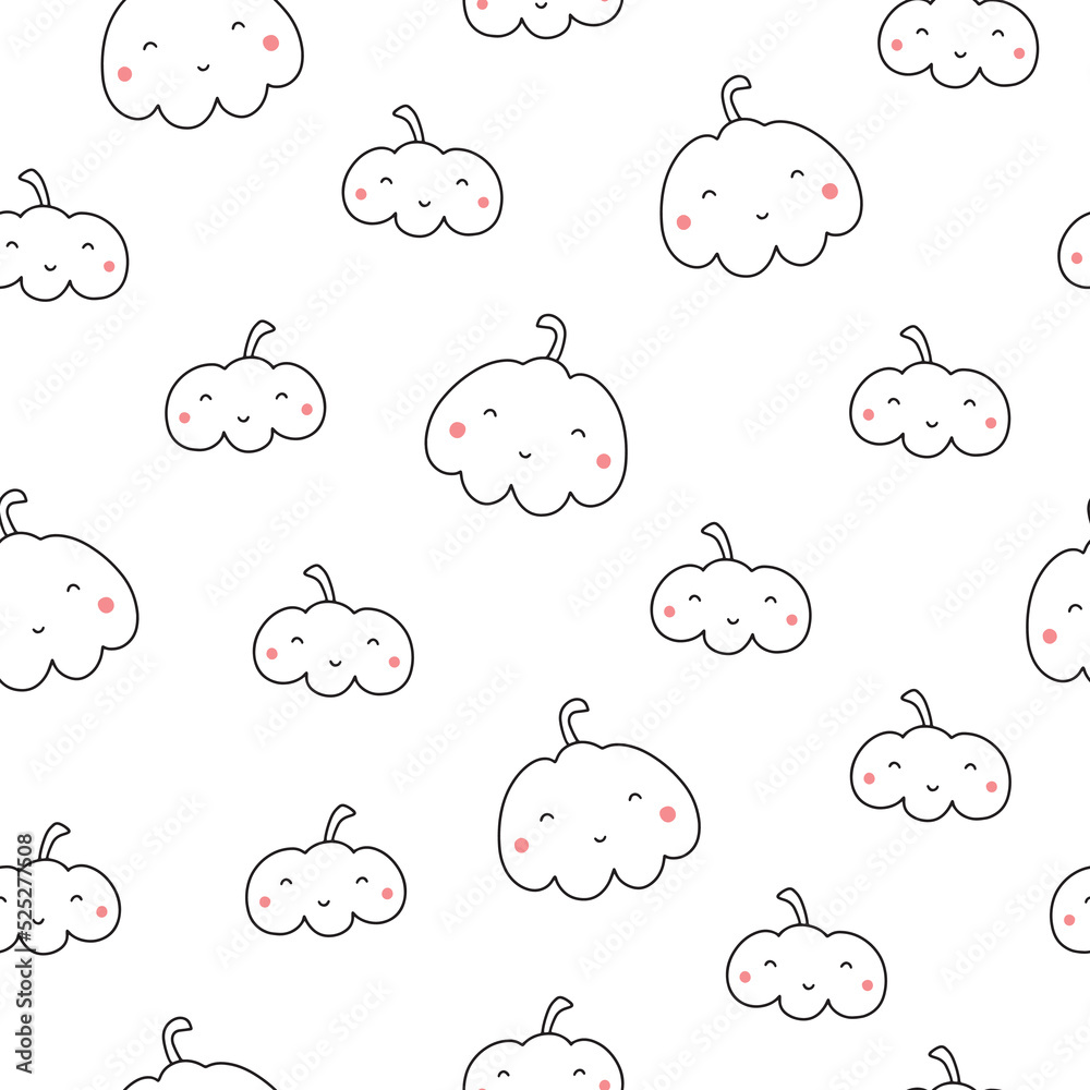 Seamless pattern with cute pumpkins in doodle style. Flat style. Vector illustration isolated on white background.