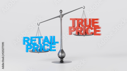 True pricing versus Retail pricing on a balance scale. To indicate the price difference between true and real prices on an isolated background. 3D rendering text