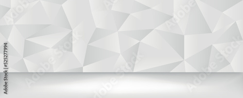 Contemporary Product Stage with White 3D Wall. Light Interior Design Background. White geometric background for cover design, card design, page design.