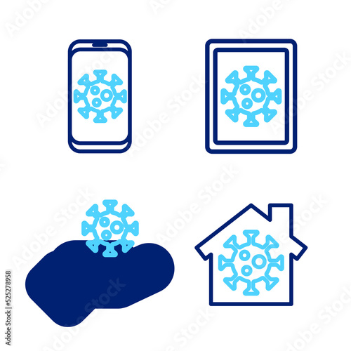 Set line Stay home, Hand with virus, Virus statistics on monitor and mobile icon. Vector