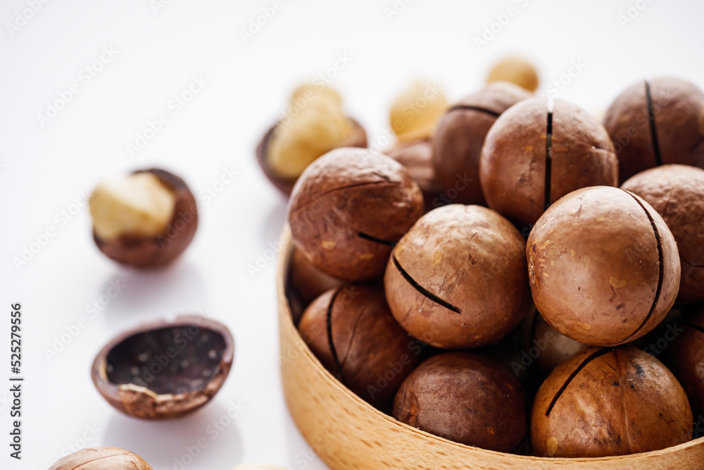 fresh macadamia nuts on a white acrylic background fresh macadamia nuts on a white acrylic background