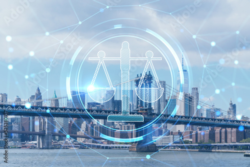 Brooklyn and Manhattan bridges with New York City financial downtown skyline panorama at day time over East River. Glowing hologram legal icons. The concept of law, order, regulations, digital justice