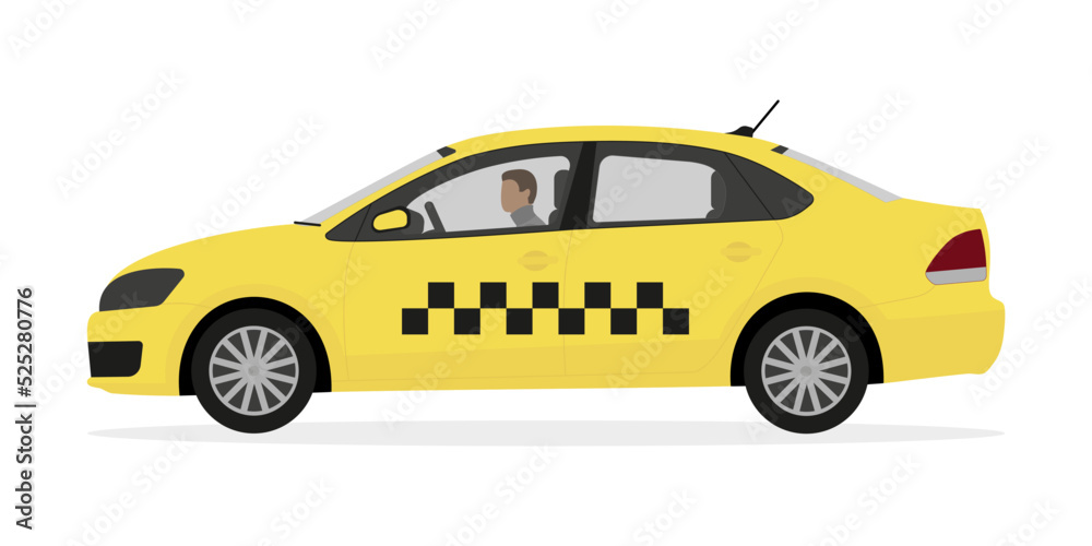 Yellow taxi with driver on a white background