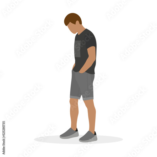 A man in shorts and with his hands in his pockets stands and looks down on a white background