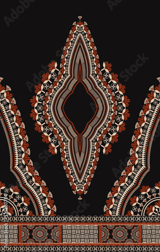 Vector ethnic west African dashiki dress floral pattern on black color background. Tribal art shirts fashion. Neck embroidery ornaments.