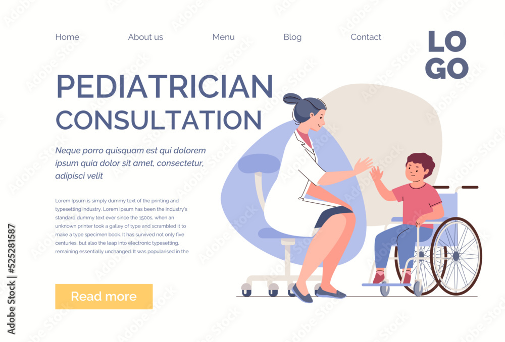 Doctor and child in wheelchair. Concept of medical, rehabilitation and psychological assistance to patients with disabilities. Vector characters flat cartoon illustration. Landing page template.