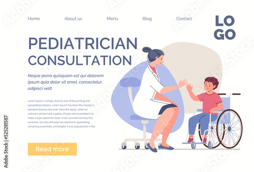 Doctor and child in wheelchair. Concept of medical, rehabilitation and psychological assistance to patients with disabilities. Vector characters flat cartoon illustration. Landing page template.
