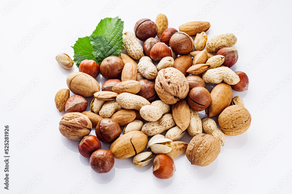 set of different nuts on a white acrylic background set of different nuts on a white acrylic background