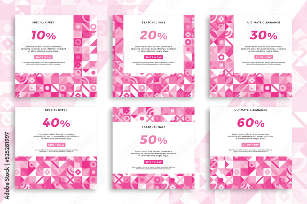 Set of square advertising web banners with Bauhaus geometric pattern. Elegant sale and discount pinkish promo backgrounds for social media mobile applications. Trendy vector editable background EPS 10 Set of square advertising web banners with Bauhaus geometric pattern. Elegant sale and discount pinkish promo backgrounds for social media mobile applications. Trendy vector editable background EPS 10