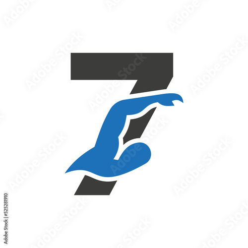 Letter 7 Swimming Logo Design. Swimming Club Symbol Vector Template