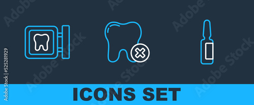 Set line Painkiller tablet, Dental clinic location and Tooth with caries icon. Vector