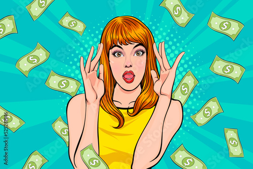 surprise business woman successful and shocking with Falling Money say WOW OMG Pop art retro comic style