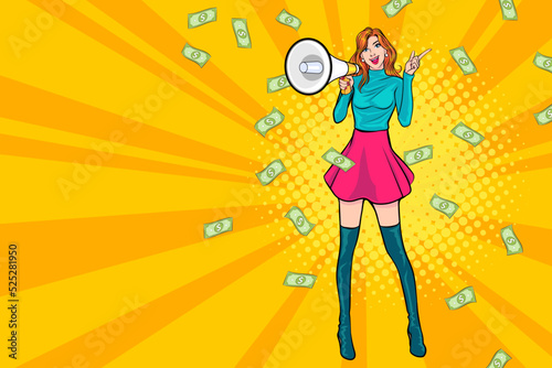 surprise business woman successful and shocking with Falling Money say WOW OMG Pop art retro comic style