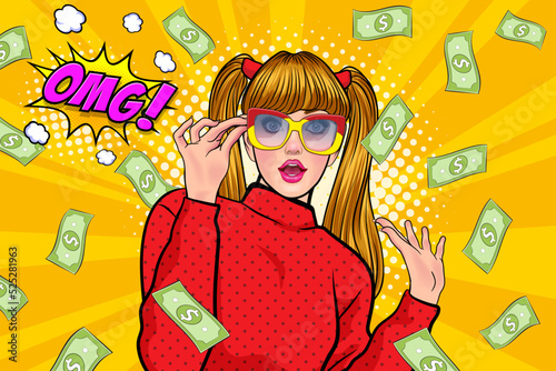 surprise business woman successful and shocking with Falling Money say WOW OMG Pop art retro comic style