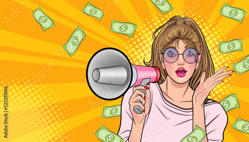 surprise shocking successful business woman holding megaphone and Falling Money say WOW OMG Pop art retro comic style