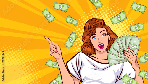 surprise business woman successful and shocking with Falling Money say WOW OMG Pop art retro comic style