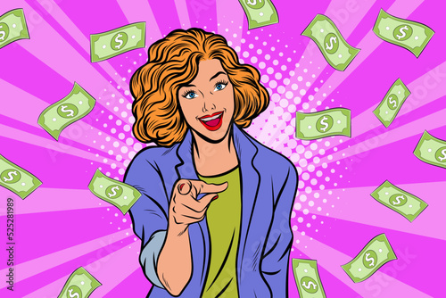 surprise business woman successful and shocking with Falling Money say WOW OMG Pop art retro comic style