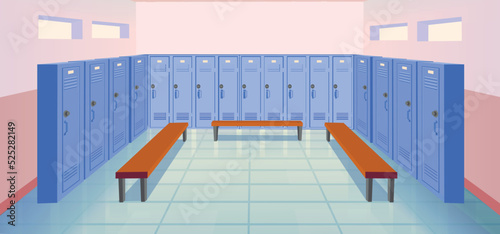 Interior school room with closed lockers and benches. Sport dressing room. Empty school or college hallway. Vector cartoon illustration.