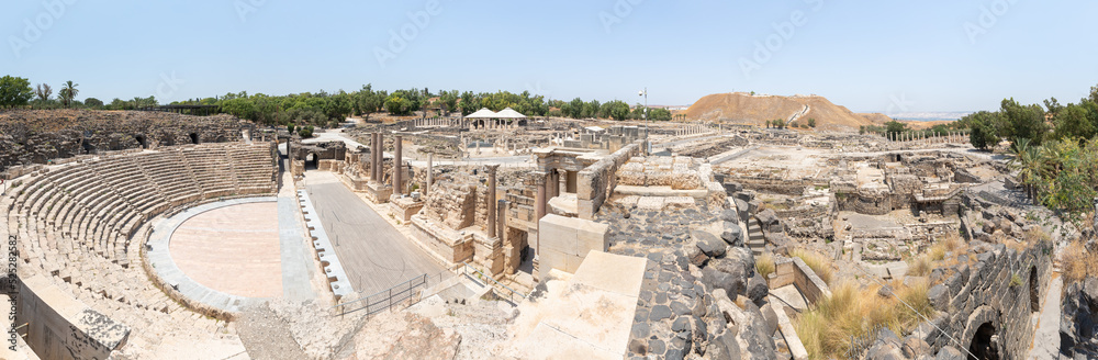 The amphitheater on the partially restored ruins of one of the cities of the Decapolis - the ancient Hellenistic city of Scythopolis near Beit Shean city in northern Israel