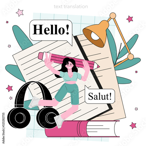Translator concept. Linguist translating document, books and direct speech.