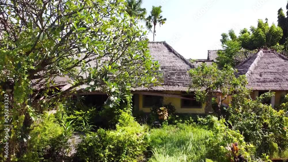 Drone rises up to reveal a small village with thatched roofs in a lush jungle Drone rises up to reveal a small village with thatched roofs in a lush jungle