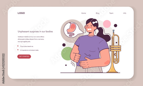 Stomach rumbles web banner or landing page set. Character with growling