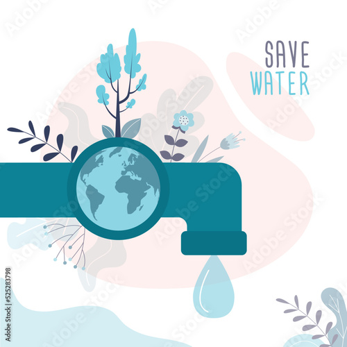 Save water, concept banner. Water tap and large drop. Problems of ecology, irreplaceable natural resources of planet. Sustainable development. Pipeline with various plants and flowers.