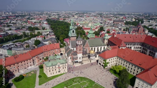 Dynamic Drone Shot of Wawel Cathedral, Courtyard and Gardens in Krakow, Poland. photo