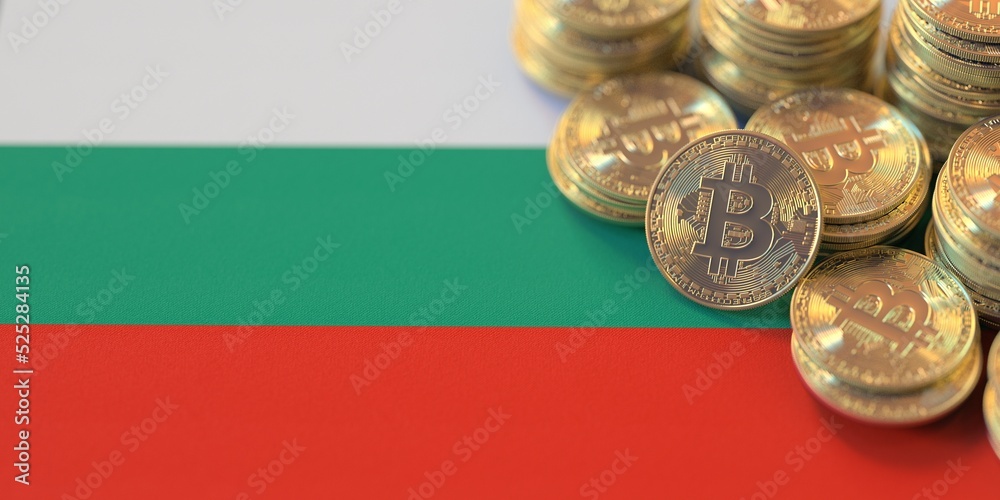 Pile of bitcoins and flag of Bulgaria. National cryptocurrency regulations conceptual 3d rendering