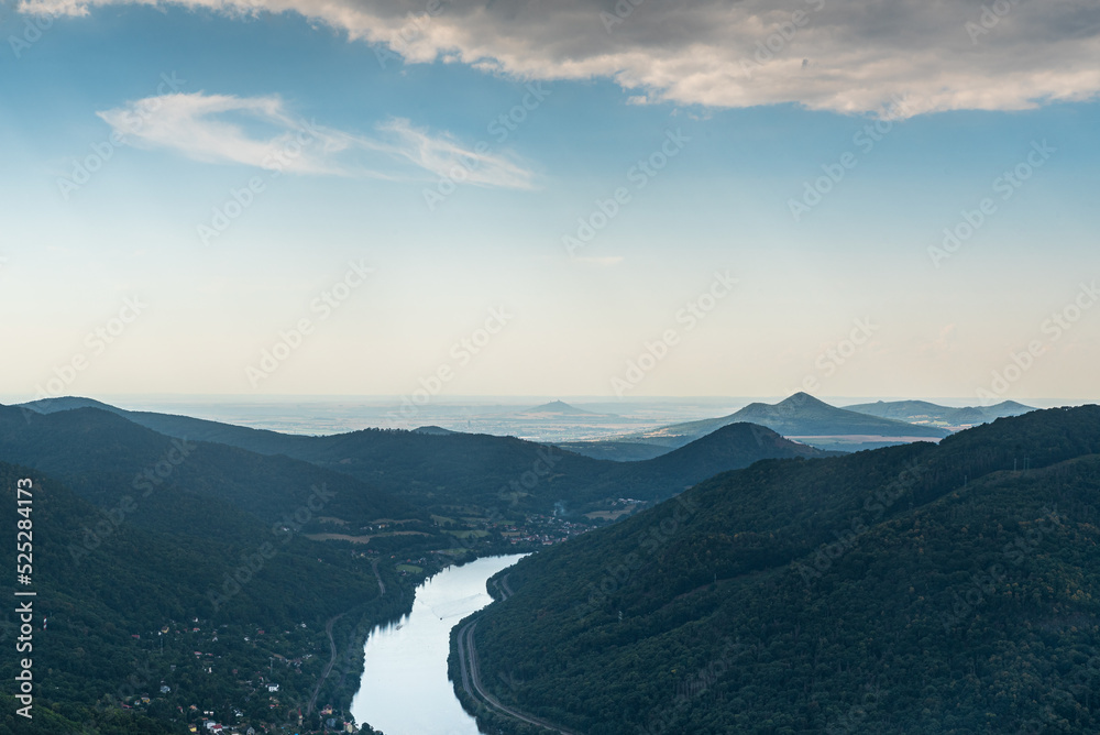 Labe river with hills of Cesks stredohori mountains from Vysoky Ostry hill in Czech republic - obrazy, fototapety, plakaty 
