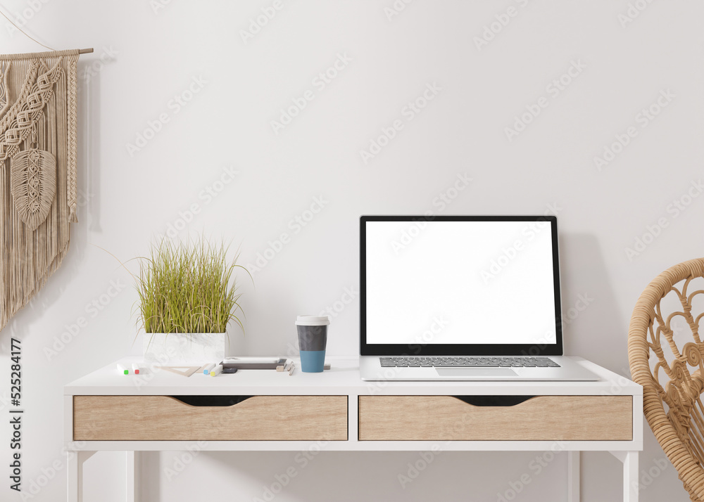 Laptop with blank white screen, on white table at home. Computer mock up. Free, copy space for app, game, web site presentation. Empty laptop screen ready for your design. Modern interior. 3D render. Laptop with blank white screen, on white table at home. Computer mock up. Free, copy space for app, game, web site presentation. Empty laptop screen ready for your design. Modern interior. 3D render.
