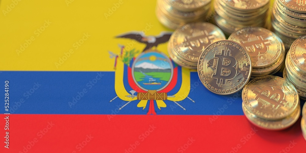 Pile of bitcoins and flag of Ecuador. National cryptocurrency regulations conceptual 3d rendering