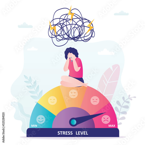 Unhappy woman sits and cries on measuring scale. Indicator shows high level of stress. Burnout at work, psychological pressure. Female character with mental problems.