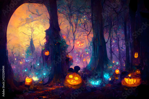 Slika na platnu glowing pumpkin heads in dark halloween magic forest, neural network generated art