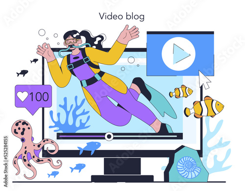 Diver online service or platform. Scuba divers swimming