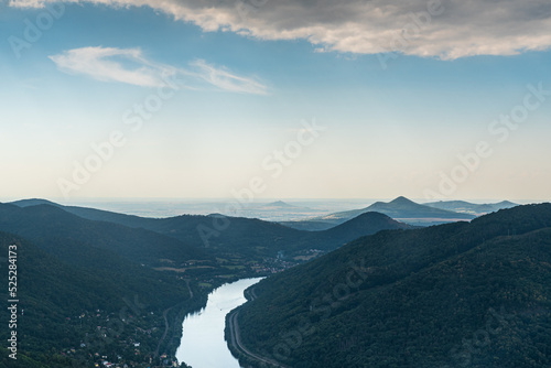 Labe river with hills of Cesks stredohori mountains from Vysoky Ostry hill in Czech republic