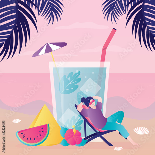 Female character in sun lounger relaxes on beach. Large glass with cocktail and straw