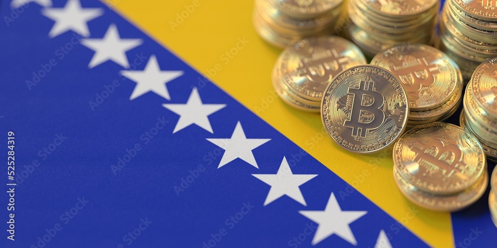 Pile of bitcoins and flag of Bosnia and Herzegovina. National cryptocurrency regulations conceptual 3d rendering