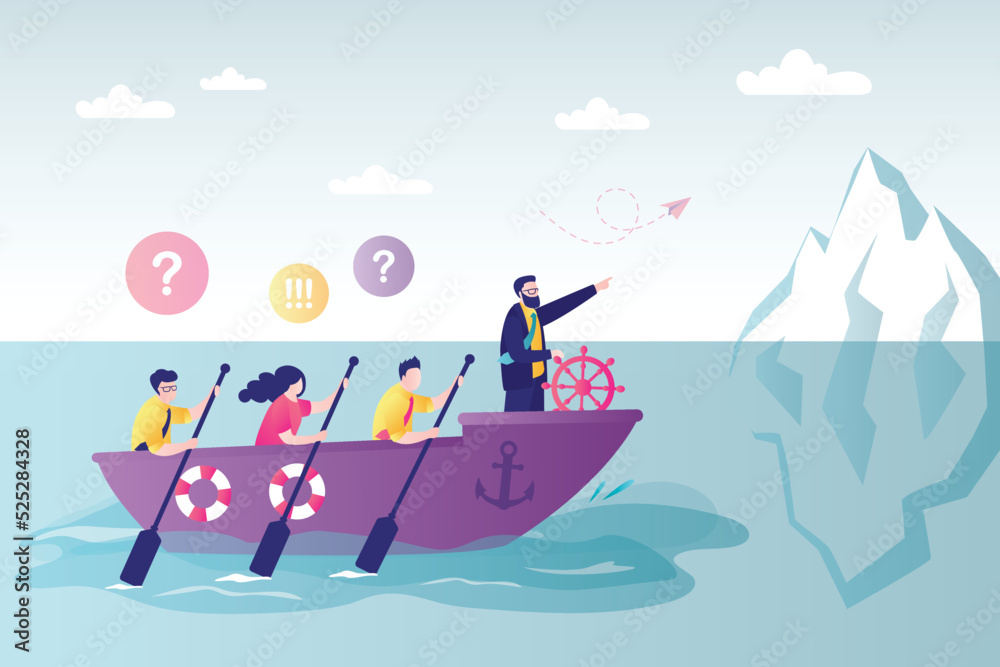 Bad leader leads business team to failure. People on boat now crash into iceberg