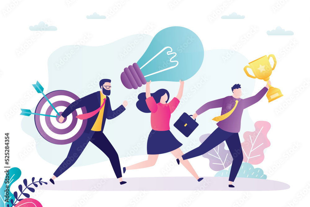 Business team moving forward. Development of business project from idea to goal. Successful new startup management, teamwork. Colleagues working together to profit. Business team moving forward. Development of business project from idea to goal. Successful new startup management, teamwork. Colleagues working together to profit.