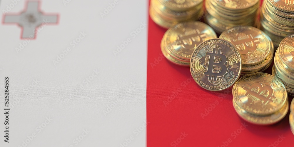 Pile of bitcoins and flag of Malta. National cryptocurrency regulations conceptual 3d rendering