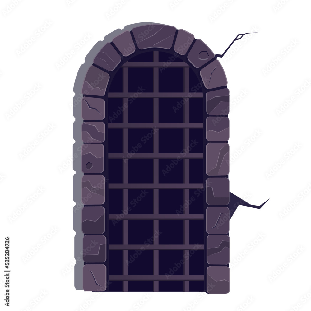 Stone door with bars in prison. Cartoon door of the castle, vector illustration Stone door with bars in prison. Cartoon door of the castle, vector illustration