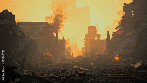 Drone Shot Abandoned Bomb War Zone Exploded Buildings Invasion City Under Siege Occupation 3D illustration