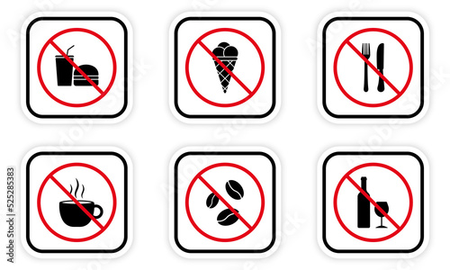 Forbidden Drink Cofee Tea Eat Pictogram Set. Ban Alcohol Black Silhouette Icon. Unhealthy Food Red Stop Symbol. No Allowed Entry with Beverage Sign. Ice Cream Prohibited. Isolated Vector Illustration