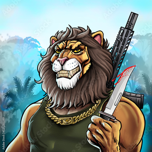 mascot of a dangerous lion in the jungle with a rifle and a knife in his hand